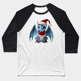 Cute Blue Baby Dragon Wearing a Red Festive Christmas Hat and Scarf Baseball T-Shirt